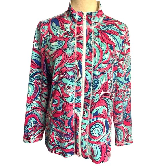 T by Talbots LP Pink Blue Abstract Athleisure Stretch Full Zip Jacket Petite L - Picture 1 of 9